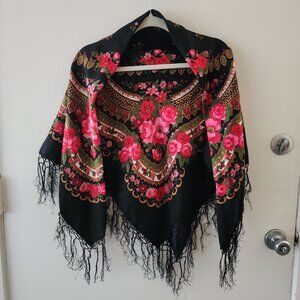 Vintage Rose Fringe Wrap/Scarf EUC